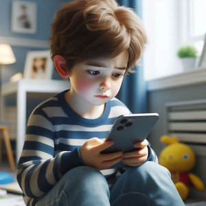 Kind blickt auf Bildschrim eines Smartphones